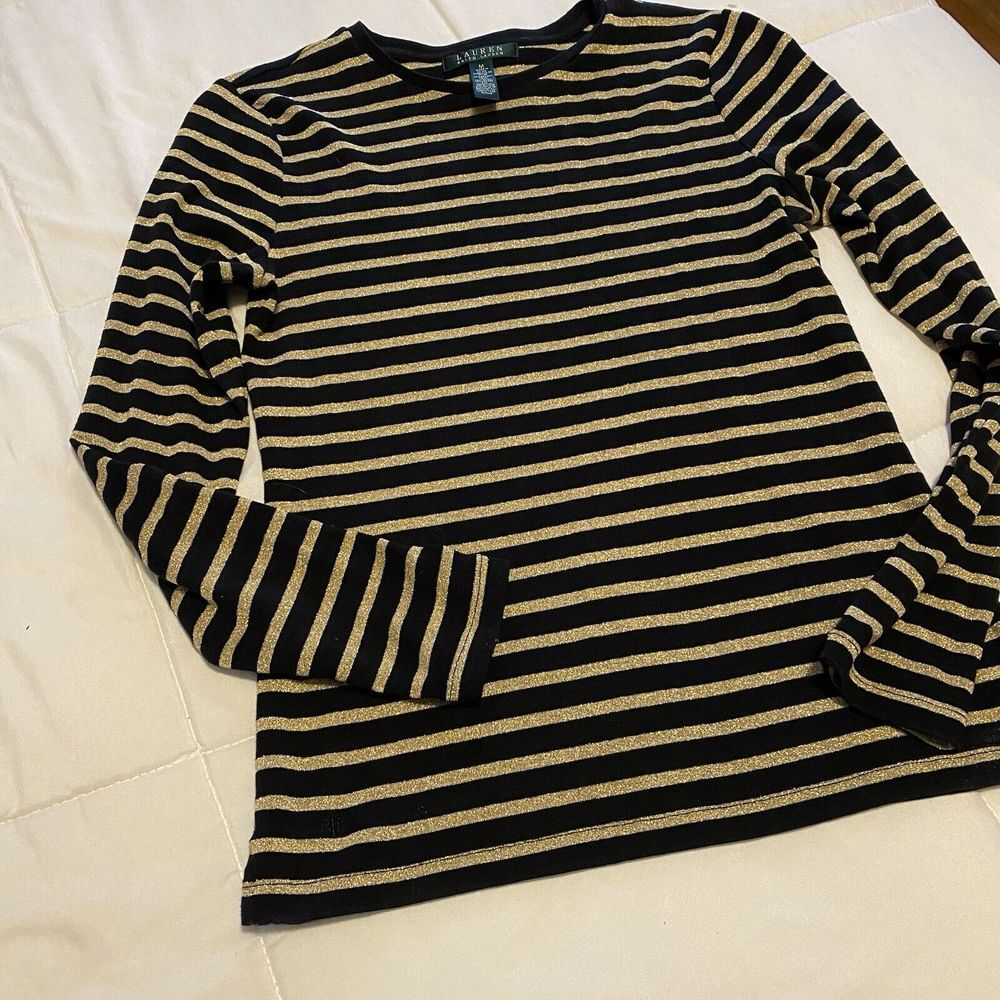 Lauren Ralph Lauren Black Gold Striped Shirt Medium M‎ Longsleeved
